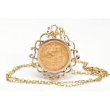 A MOUNTED FULL SOVEREIGN PENDANT AND CHAIN, a full sovereign depicting George and the dragon,