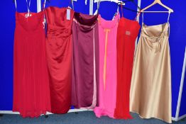 SIX SIZE EIGHTEEN EVENING/PROM/BRIDESMAID DRESSES, comprising berry/dusty rose and fuschia/orange