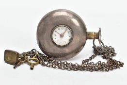 A SILVER HALF HUNTER POCKET WATCH, featuring a white dial with Arabic numerals, a small dial to
