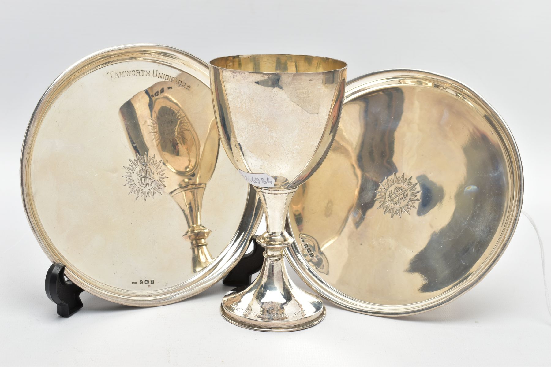 THREE SILVER ITEMS, to include a goblet of a plain polished design with an engraved motif, slight - Image 2 of 4