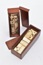 TWO VICTORIAN DOMINO SETS, two sets of miniature bone dominoes in mahogany cases one box measures