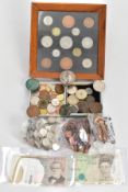 A CARDBOARD BOX OF MIXED COINS, to include a framed display of mid 19th century pre decimal coins