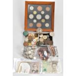 A CARDBOARD BOX OF MIXED COINS, to include a framed display of mid 19th century pre decimal coins