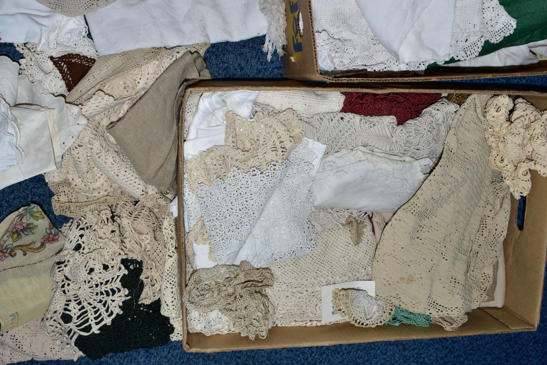 THREE BOXES OF VINTAGE CLOTHING AND TABLE LINENS, to include a box of skirts and knitwear in a range - Image 4 of 4