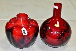 A ROYAL DOULTON SUNG FLAMBE PUMPKIN VASE, of lobed bulbous form, bears initials for Fred Moore,