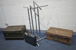 A MODERN SHOP DISPLAY CLOTHING RAIL height 130cm, two vintage tin trunks and a Samsonite Attache