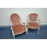 TWO MODERN UPHOLSTERED CHAIRS one with scrolled arms and feet spoon backed width at arms 66cm and