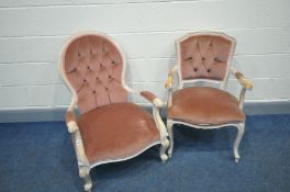 TWO MODERN UPHOLSTERED CHAIRS one with scrolled arms and feet spoon backed width at arms 66cm and