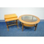 A MID CENTURY TEAK CIRCULAR COFFEE TABLE, with a glass insert, diameter 85cm x height 46cm, and a