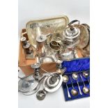 A BOX OF ASSORTED WHITE METAL WARE, to include a four piece tea service set comprising of teapot,