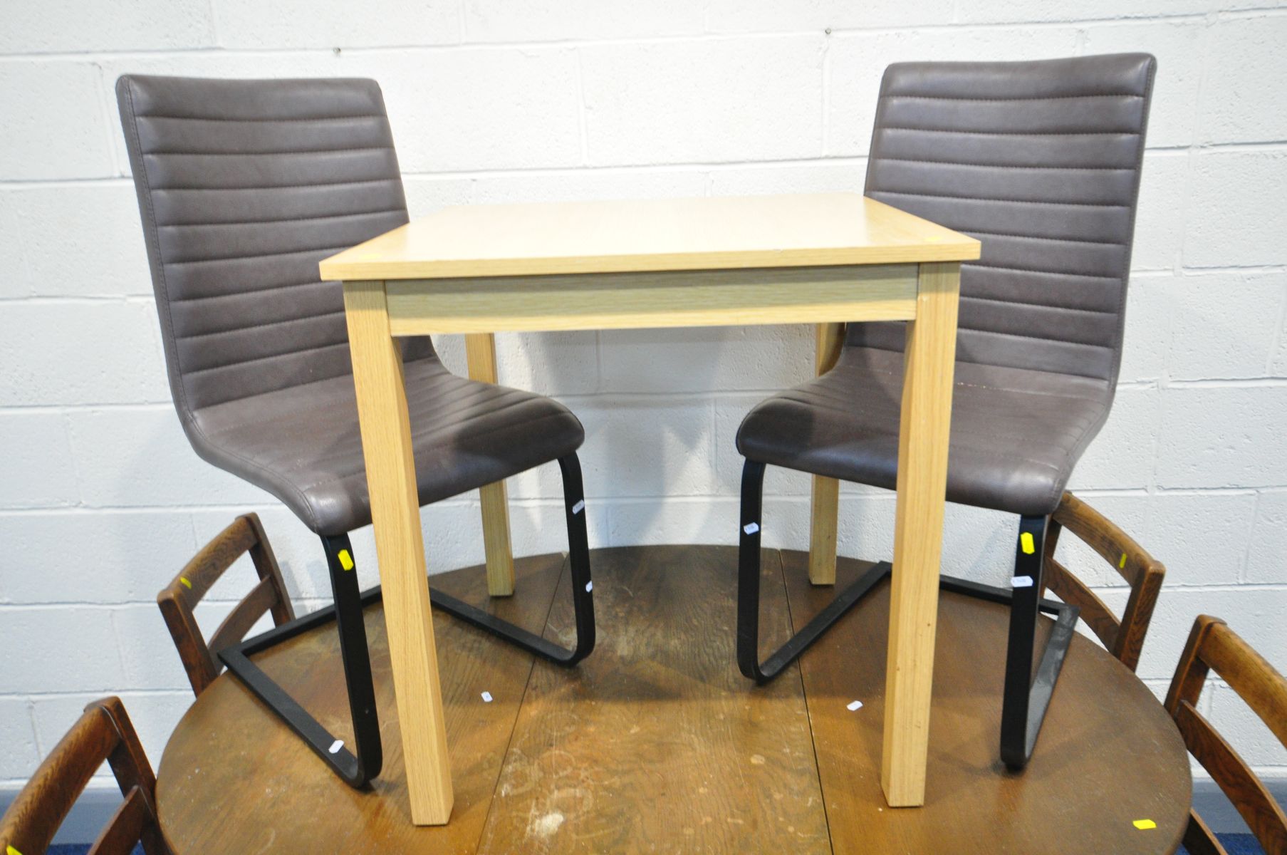 AN MODERN BEECH DINING TABLE, two grey leatherette chairs, along with oak gate leg table, and four - Image 2 of 3