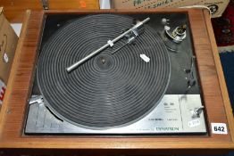 A DYNATRON GOLDRING LENCO GL78 STEREO TRANSCRIPTION TURNTABLE, the tracking arm is broken, housed in