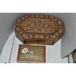 A 19TH CENTURY SHAPED OCTAGONAL INLAID BOX, the hinged cover and sides decorated with mother of