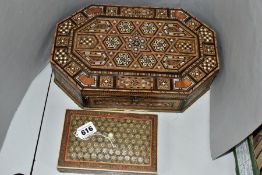 A 19TH CENTURY SHAPED OCTAGONAL INLAID BOX, the hinged cover and sides decorated with mother of