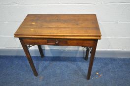 A GEORGIAN FRUITWOOD FOLD OVER TEA TABLE with single frieze drawer, square section legs, width