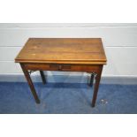 A GEORGIAN FRUITWOOD FOLD OVER TEA TABLE with single frieze drawer, square section legs, width