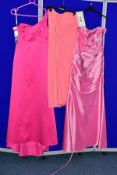 SIX SIZE FOURTEEN EVENING/PROM/BRIDESMAID DRESSES WITH A BOX OF DRESS COVERS, comprising a fuschia