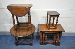 FOUR VARIOUS PIECES OF OAK FURNITURE, to include a nest of three tables, two drop leaf occasional