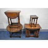 FOUR VARIOUS PIECES OF OAK FURNITURE, to include a nest of three tables, two drop leaf occasional