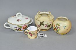 FOUR PIECES OF ROYAL WORCESTER, comprising a miniature blush ivory loving cup, puce backstamp,