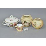 FOUR PIECES OF ROYAL WORCESTER, comprising a miniature blush ivory loving cup, puce backstamp,