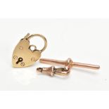 A 9CT GOLD HEART CLASP AND 9CT GOLD T-BAR, a gold heart padlock clasp with lock and screw details,