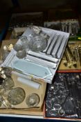 FIVE BOXES OF VINTAGE GLASS PARTS, to include vintage mainly clear crystal lustre and similar