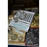 FIVE BOXES OF VINTAGE GLASS PARTS, to include vintage mainly clear crystal lustre and similar