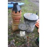 A COMPOSITE BIRD BATH IN THE FORM OF A SERPENT 48cm high, a terracotta chimney pot, a galvanised