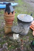 A COMPOSITE BIRD BATH IN THE FORM OF A SERPENT 48cm high, a terracotta chimney pot, a galvanised