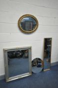 FOUR MODERN WALL MIRRORS comprising of a gilt frame oval mirror width 57cm and height 47cm , an