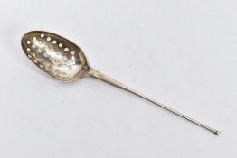 A WHITE METAL MOTE SPOON, tapered plain polished stem, pierced bowl, approximate length 128mm,