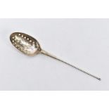 A WHITE METAL MOTE SPOON, tapered plain polished stem, pierced bowl, approximate length 128mm,