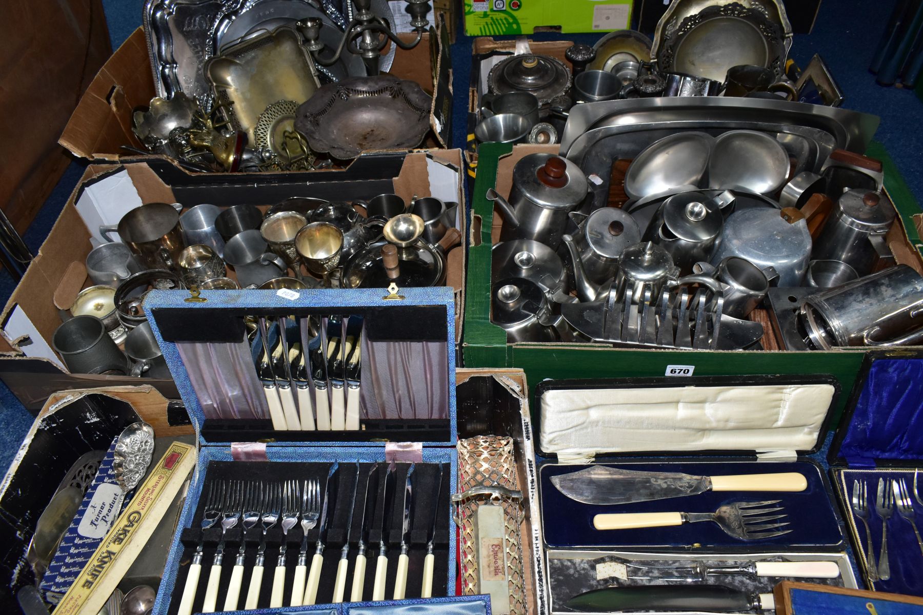 FIVE BOXES OF METAL WARES TO INCLUDE OLD HALL STAINLESS STEEL TEAWARES ETC, teapots, coffee pots,