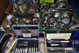 FIVE BOXES OF METAL WARES TO INCLUDE OLD HALL STAINLESS STEEL TEAWARES ETC, teapots, coffee pots,