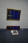 A MODERN GILT FRAME BEVELLED MIRROR width 116cm x length 96cm, a pine framed bevelled mirror,