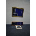 A MODERN GILT FRAME BEVELLED MIRROR width 116cm x length 96cm, a pine framed bevelled mirror,