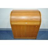 A TEAK DANISH TAMBOUR FRONT BUREAU, width 86cm x depth 48cm x height 100cm