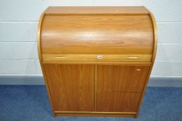 A TEAK DANISH TAMBOUR FRONT BUREAU, width 86cm x depth 48cm x height 100cm