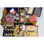 A BOX OF ASSORTED WHITE METAL AND OTHER ITEMS, to include a cased set of shell shaped dessert spoons