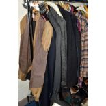 TWO BOXES AND LOOSE HATS, HANDBAGS, MILITARY MAP HOLDER AND TWENTY FOUR ITEMS OF MEN'S CLOTHING to