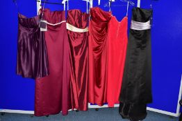 SIX SIZE FOURTEEN EVENING/PROM/BRIDESMAID DRESSES, comprising a burgundy Alfred Angelo dress, a