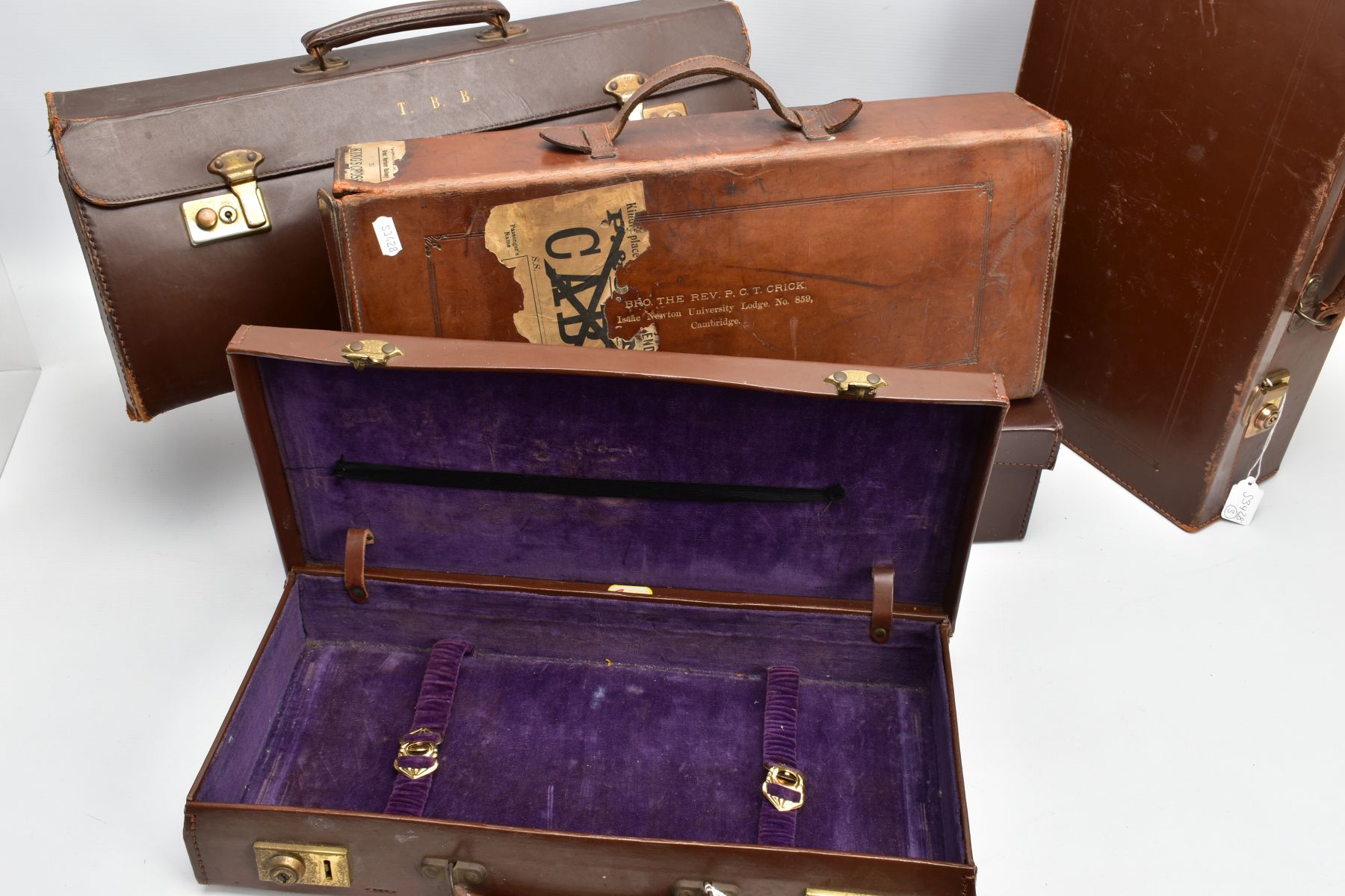 FIVE BROWN LEATHER MASONIC BRIEFCASES, five empty cases with three pairs of white gloves, four - Image 3 of 6