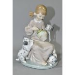 A LLADRO FIGURE GROUP, The Sweet Mouthed (girl with honey pot and dogs), no1248, designed by Juan