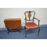 AN EDWARDIAN SHERATON REVIVAL MAHOGANY AND MARQUETRY INLAID ELBOW CHAIR (condition:-repair to left