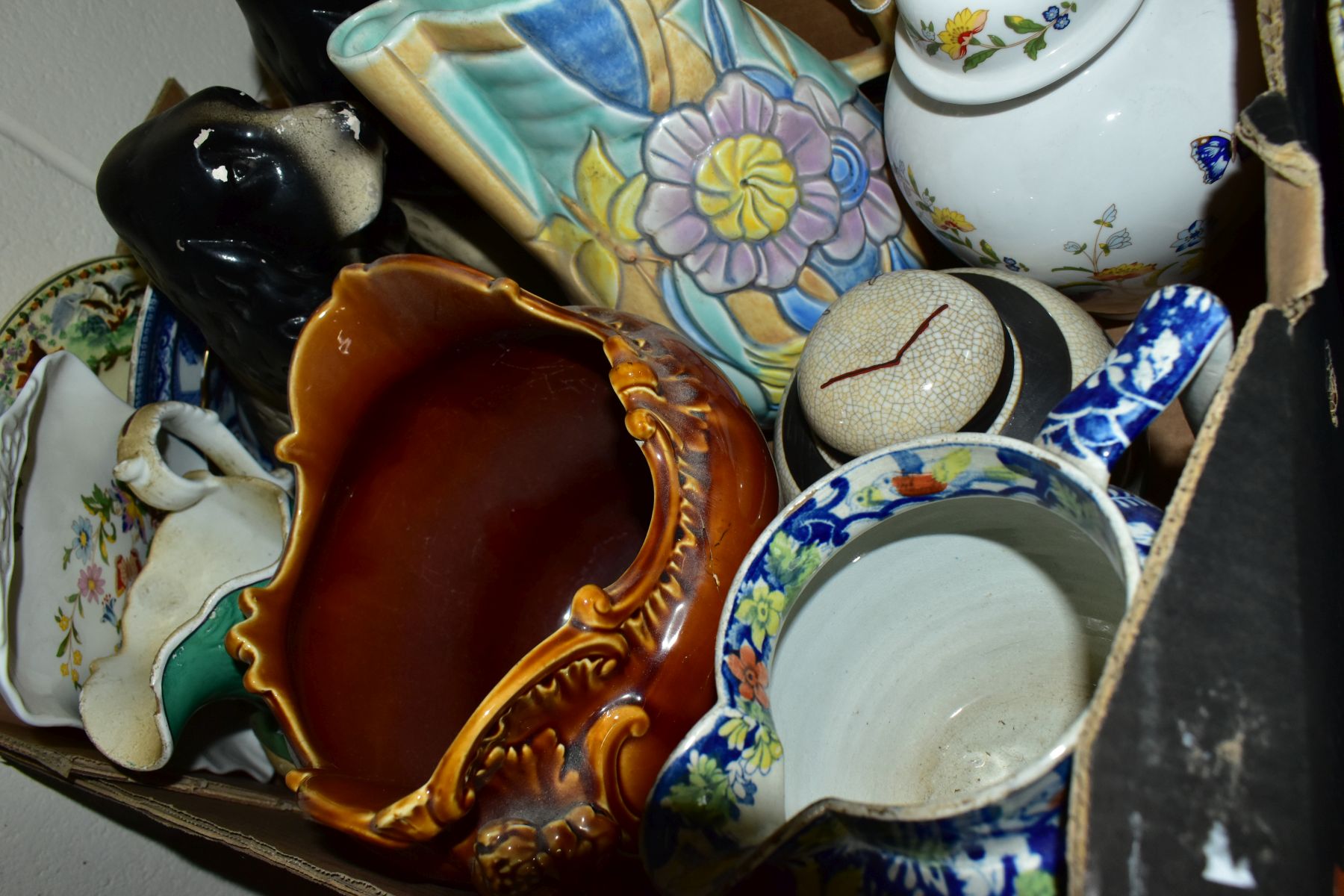 TWO BOXES OF CERAMICS, to include two Victorian Coalport gilt and blue plates, three Paragon cups - Image 7 of 7