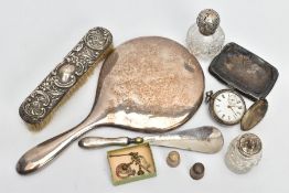 A SELECTION OF SILVER ITEMS, to include a silver hand held mirror of a plain polished design,