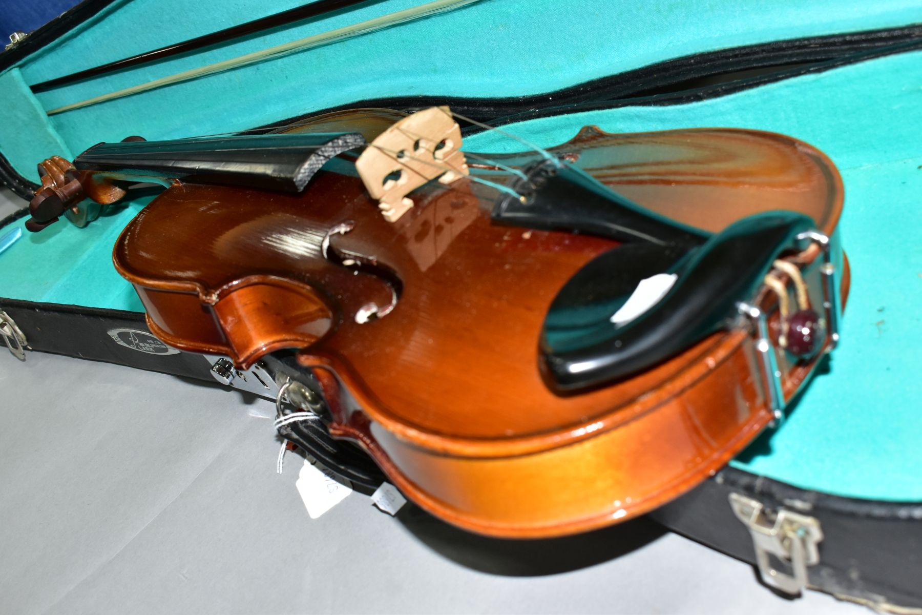 TWO STUDENT VIOLINS, BODY LENGTH APPROXIMATELY 35CM, one is a Chinese example with a Lark brand - Image 7 of 11