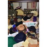 TWO BOXES AND LOOSE VINTAGE LADIES HATS, GLOVES, BELTS AND HAT BOXES, to include twenty straw, felt,