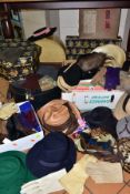 TWO BOXES AND LOOSE VINTAGE LADIES HATS, GLOVES, BELTS AND HAT BOXES, to include twenty straw, felt,